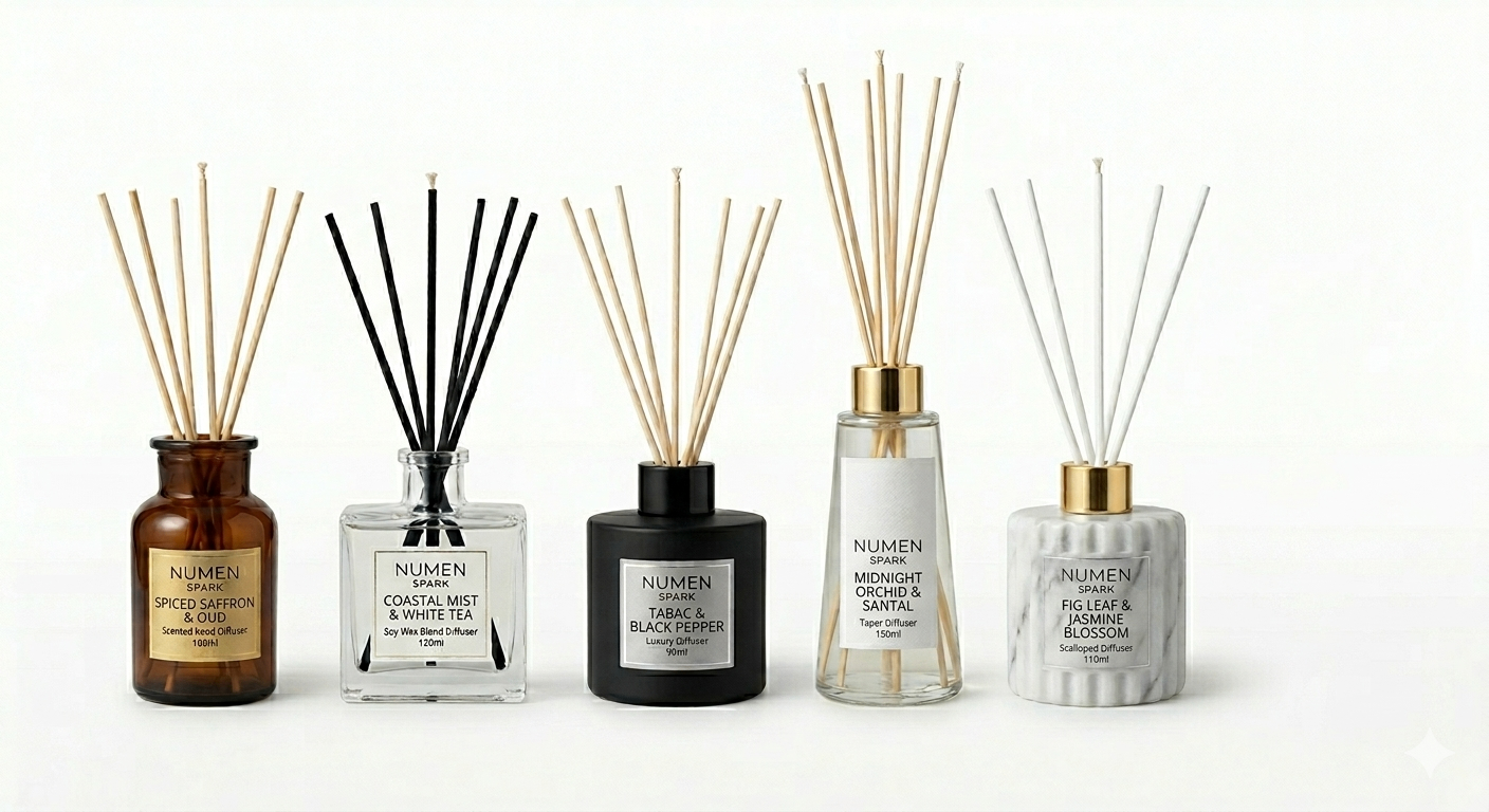 Luxury reed diffusers in apothecary glass, ceramic and marble vessels